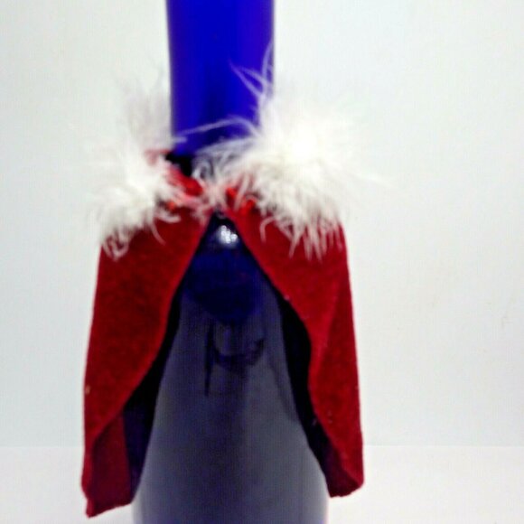 Wine Bottle Santa Cape Velvet Christmas Holiday Gift Feather Boa - Picture 3 of 6